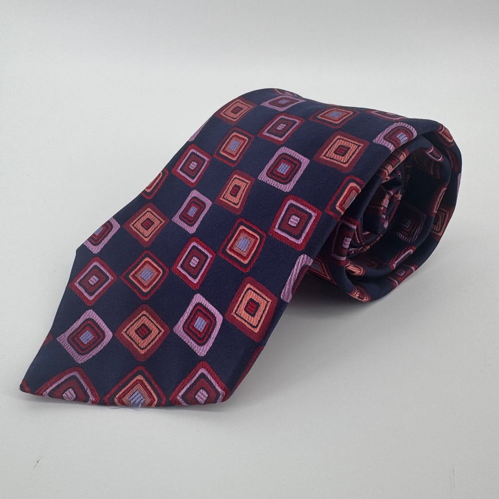 Ted Baker London Mens Silk Tie Navy Blue Geometric Square Pattern Hand Tailored